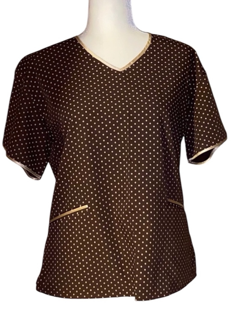Brown Scrub Top With Gold Trim & Polka Dots